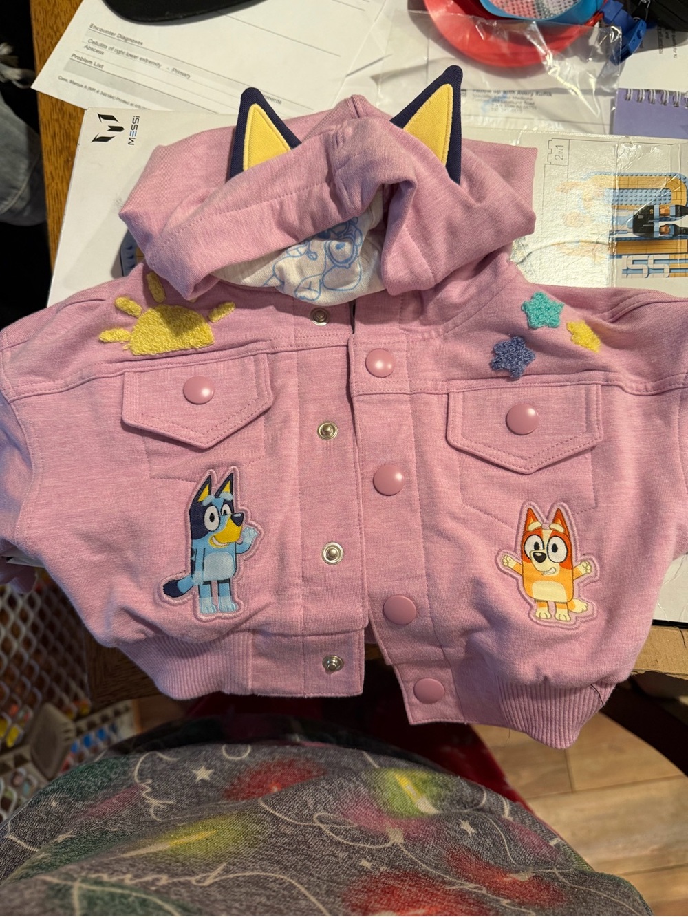 Little Sleepies Pink Hooded Jean-Style Jacket with Character Patches